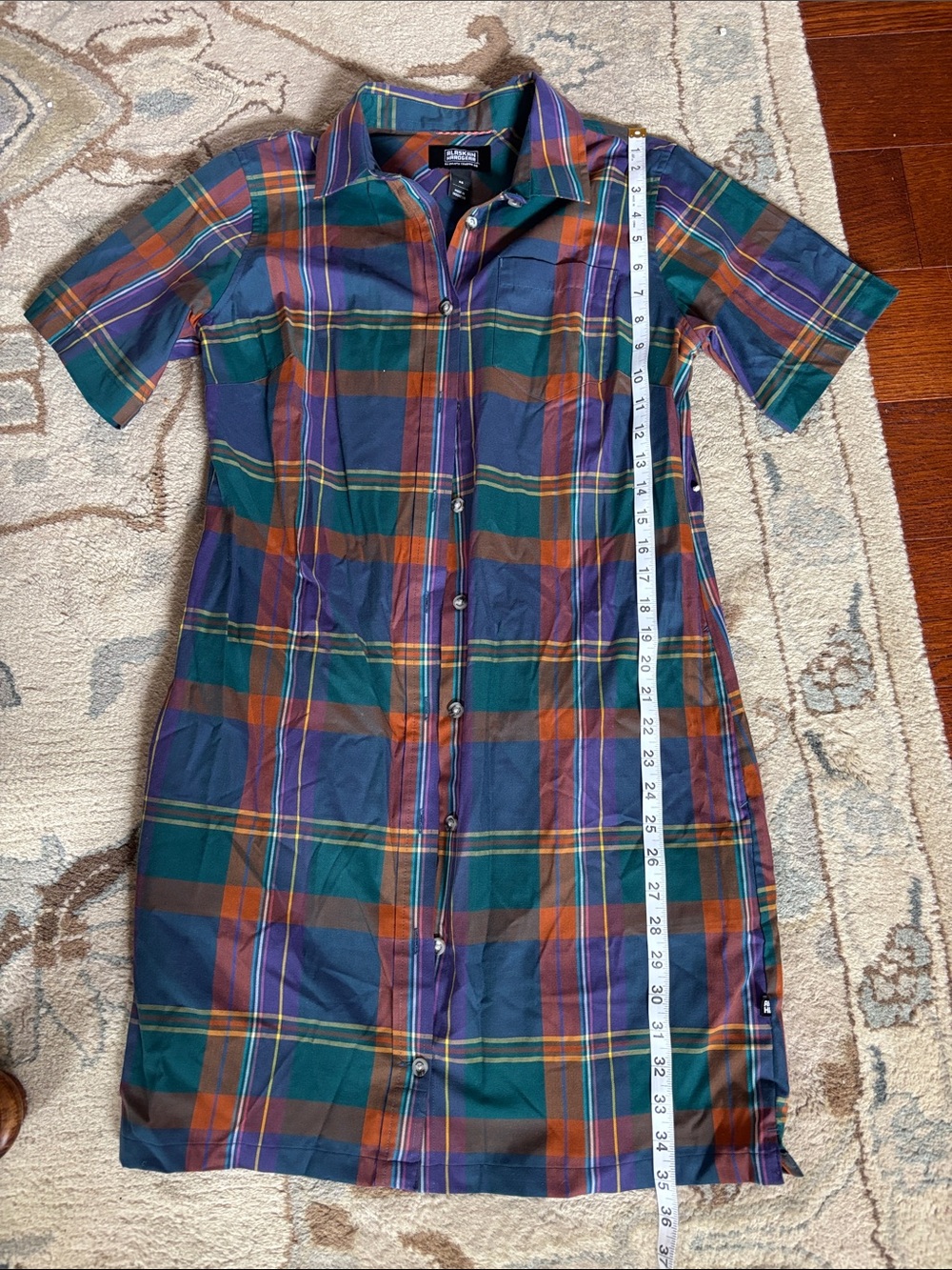 Duluth Trading Co Plaid Button-Front Mini Dress - Green/Orange/Navy/Purple